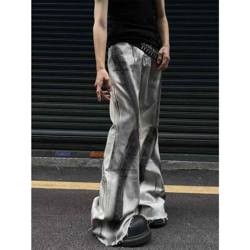 メンズ デニムパンツ 美式 ヴィンテージ風 グラデーション 微喇 クラッシュ加工 デザイン性 小衆 痞帅 高街 スリム ロングパンツ 基本款 中腰 ジップフライ 普通厚 青少年 18-24歳 青春流行 牛仔布 ポリエステル 50% クラッシュ 水洗 クラ