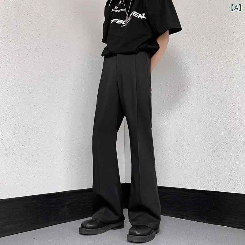 メンズ 西装パンツ 微喇 黒 接触冷感 薄手 長ズボン ミッドライズ 純色 微弾性 ポリエステル100% 吸湿排汗 免烫 軽量 垂れ感 港風 カジュアル 通勤 夏 2025年 青少年向け ラズボン口 ジッパー開閉 運動レジャー 黒