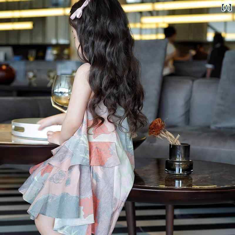 女の子 ワンピース ドレス 夏 夏季 女児 プリンセス 無袖 背心 スカート ボヘミアン 花柄 花朵 ポリエステル 柔軟 素材 100% 花色 かわいい ファッション 洋気 90-140cm 対応 3-8歳 中小童 グレイスフル スタイル 不規則 裾 フ