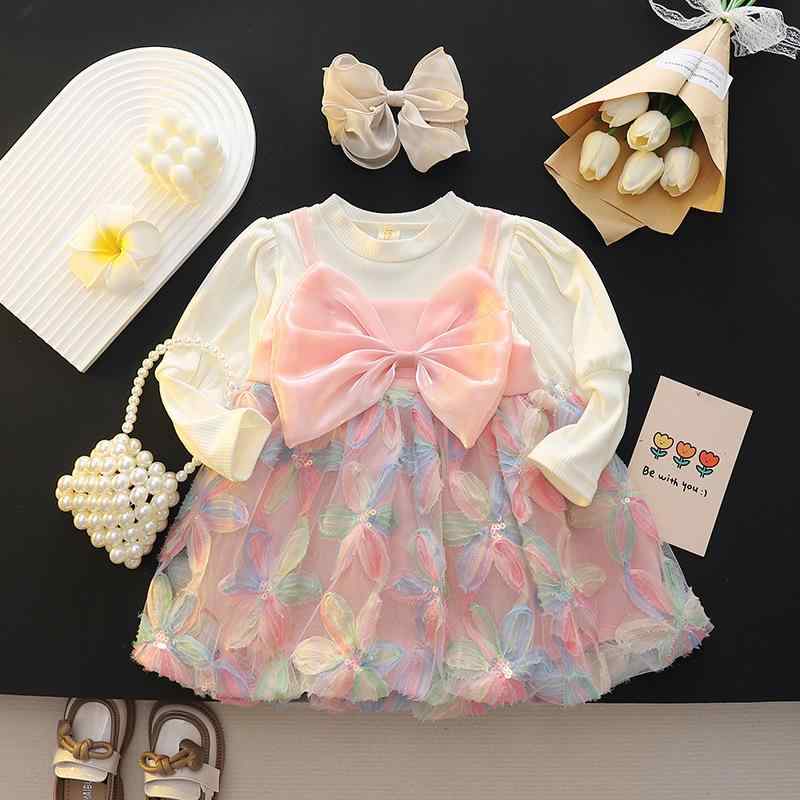 Dresses - 女の子 ワンピース 連衣裙 長袖 A字スカート 綿 80% かわいい プリンセス スタイル 春季 春秋 ピンク 緑 1-3歳 80-100cm インファント 幼児 女児 プリンセスドレス コットン 素材 快適 日常使い かわいい デザイン 女の子 服 子