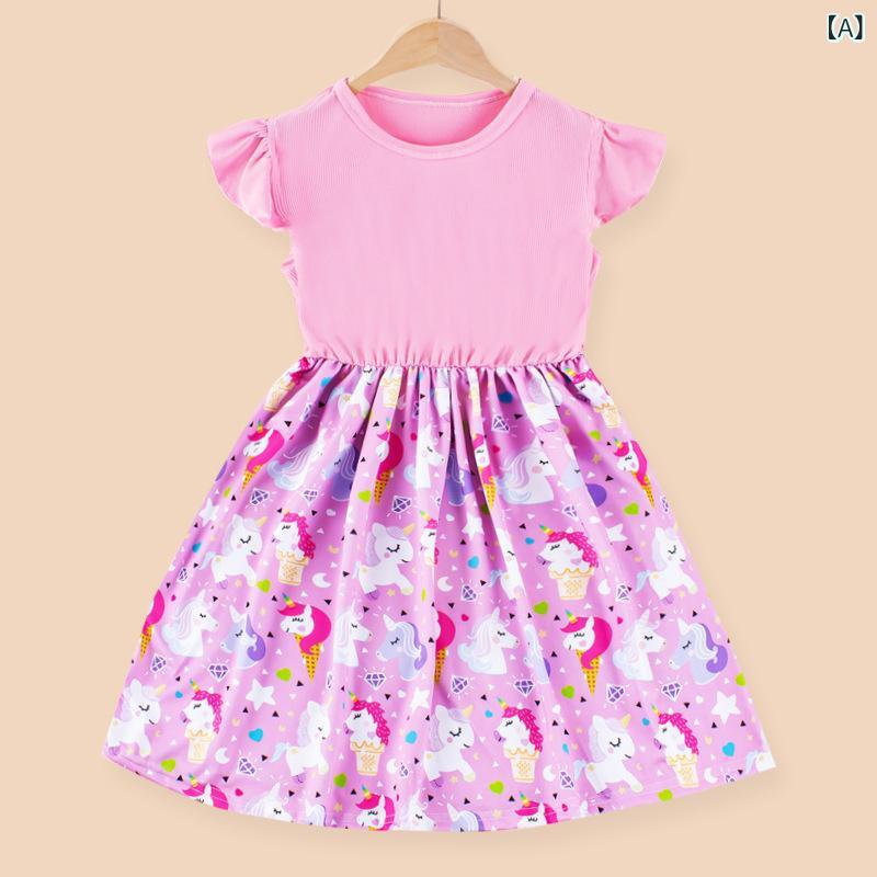 乐天商城 - 女の子 ワンピース キッズ 夏服 無袖 A字スカート フリル プリント かわいい 日常使い 再生繊維 涼しい 柔らかい ポリエステル 100cm 110cm 120cm 130cm 140cm 150cm 彩色 粉 藍 紫