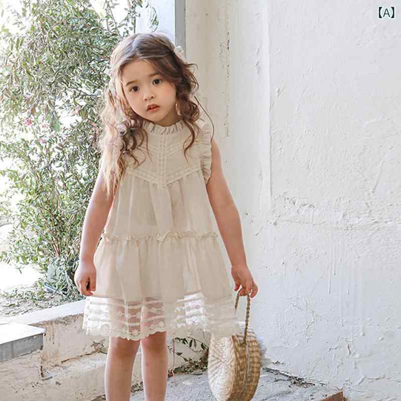 女の子 ワンピース 子供 服 かわいい Vネック レース 綿 100% 短袖 連衣裙 純色 夏 柔らかい 生地 3-8歳 90-150cm 米色 茶色 紺色 女の子向け スイート スタイル イノセント ファッション 女児 ドレス コットン ミックス 軽や 2