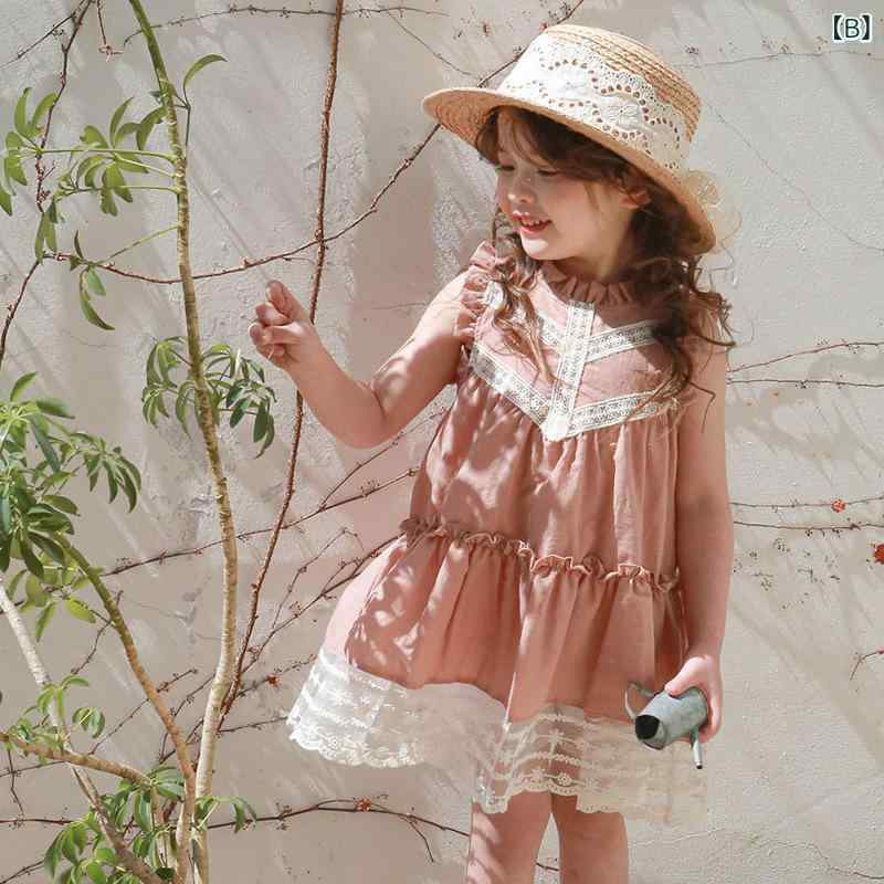 女の子 ワンピース 子供 服 かわいい Vネック レース 綿 100% 短袖 連衣裙 純色 夏 柔らかい 生地 3-8歳 90-150cm 米色 茶色 紺色 女の子向け スイート スタイル イノセント ファッション 女児 ドレス コットン ミックス 軽や 3