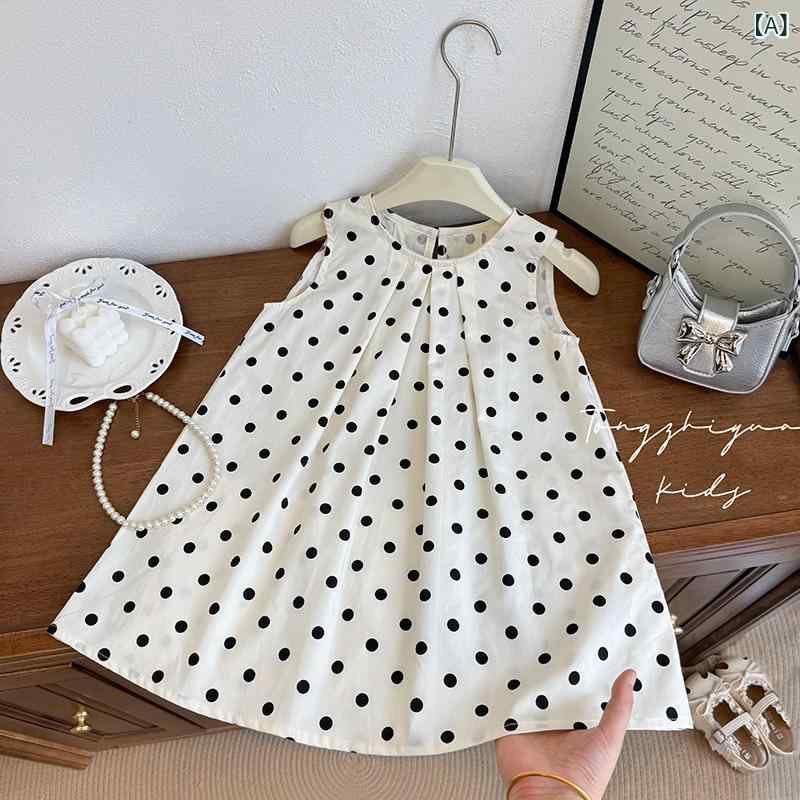 Dresses - 女の子 ワンピース 夏 無袖 連衣裙 綿 100% 波点 プリンセススカート かわいい ポルカドット 柄 軽やか 涼しい 夏服 子供服 女児 ドレス 日常使い 遊び着 清新 スタイル 3-8歳 対応 90-140cm サイズ プリント 柄 ガールズ ファ