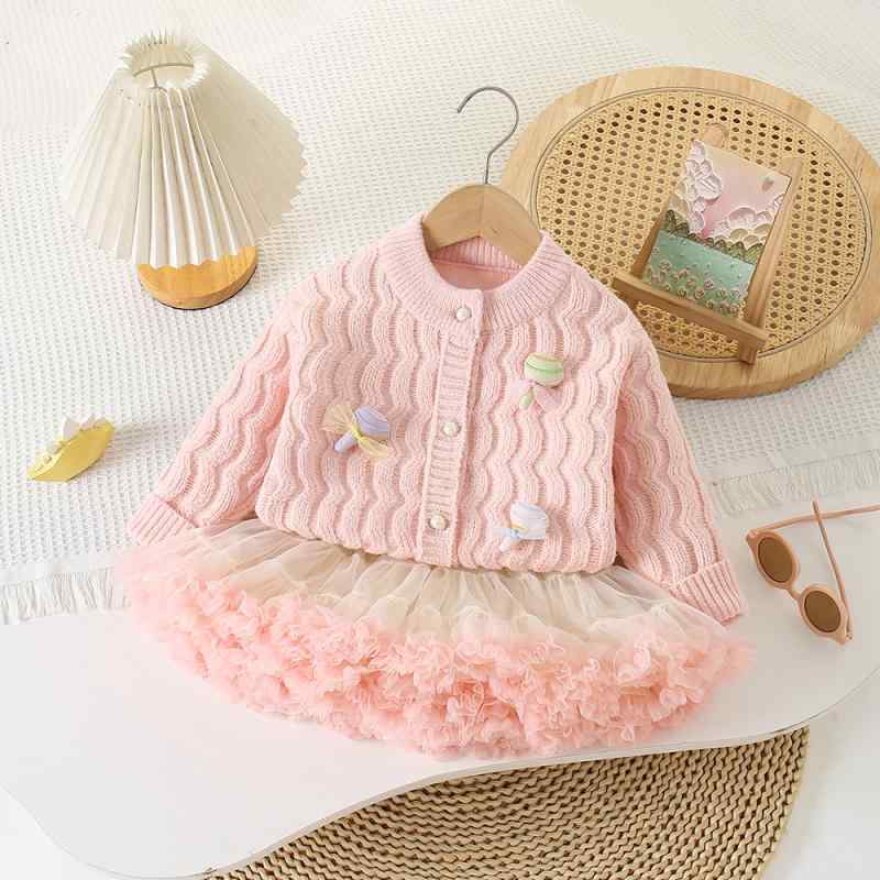 Dresses - 女の子 セーター カーディガン 女児 ニット 上着 棒棒糖 プリンセス かわいい 開き 長袖 丸首 ボタン 単排 条紋 純色 抽象 柄 冬 春 秋 柔軟 加工 普通 厚み 針織 アクリアン 78% 90-130cm ピンク 白 紫 ポップな カラーリング