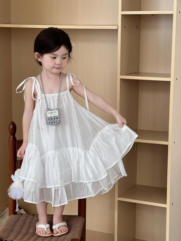 女の子 ワンピース 吊り帯スカート 背心スカート 荷葉辺スカート プリンセス スタイル 純色 白色 綿 柔らか素材 夏 女の子 スカート 子供服 かわいい デザイン 3-8歳 90-140cm