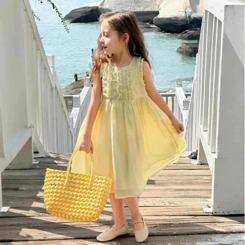 Dresses - 女の子 ワンピース プリンセスドレス 夏 レイヨン 無袖 純色 黄色 かわいい 柔らかい 綿裏地 3-8歳 100-140cm 軽やか リゾート トップス スカート 女児服 ドレス ガールズ プリンセススタイル 爽やか 芸術的