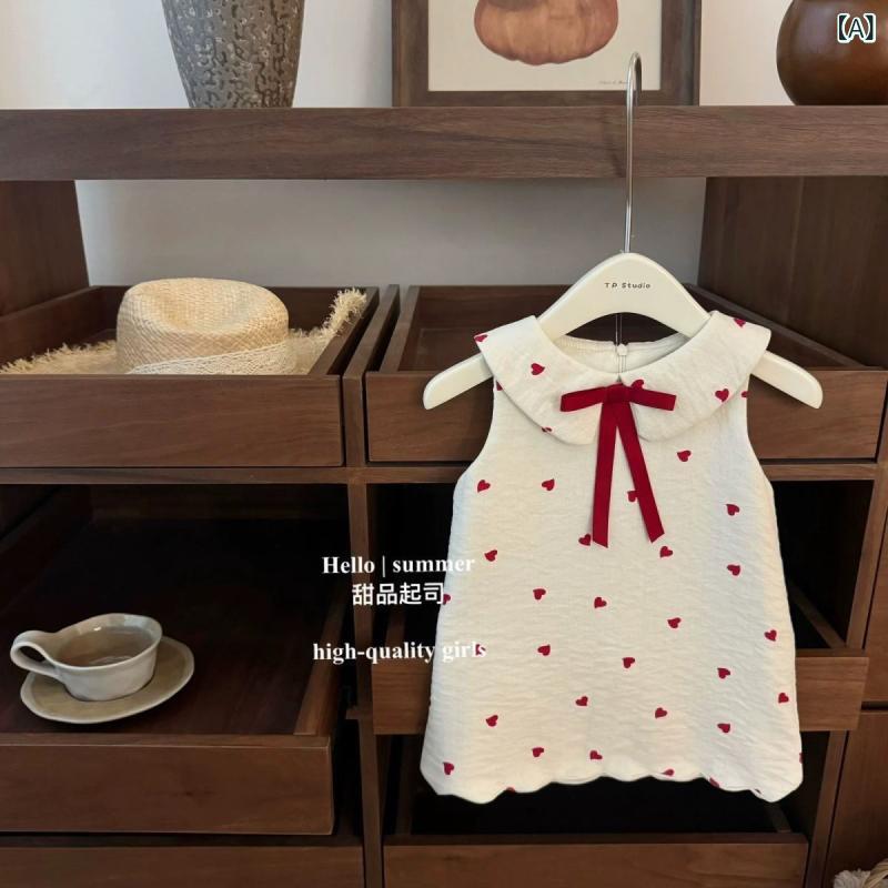 洋装 - 女の子 ワンピース 夏季 かわいい ハート柄 背心スカート 薄手 綿素材 灯芯绒 米色 甘め プリント フレアスカート ベビー服 新生児 吊り下げ式 Aライン 女児 通気性 軽量 日常使い 遊び着 夏服 コットン 91% フラワーパターン 0-1歳 80