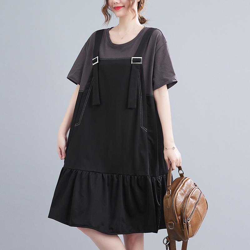 ・スタイル: 潮流風・柄: 無地・主な素材: ポリエステル80-90%、綿10-20%・カラー展開: ブラック・サイズ展開: L,XL,XXL,XXXL,2XL,3XL,4XL,5XL,6XL・スカートタイプ: 背帶スカート・ネックライン: ラウンドネック・スカート丈: ミディアム・袖丈: 3/4袖