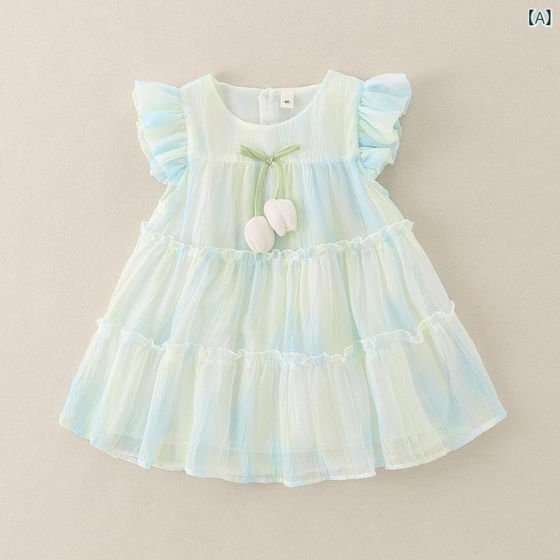 乐天商城 - 女の子 ワンピース プリンセスドレス かわいい 洋気 連衣裙 女児服 スカート 夏 花柄 ポリエステル 柔らか ケーキスカート 軽やか ピンク 浅青 90cm 100cm 110cm 120cm 130cm 1-3歳
