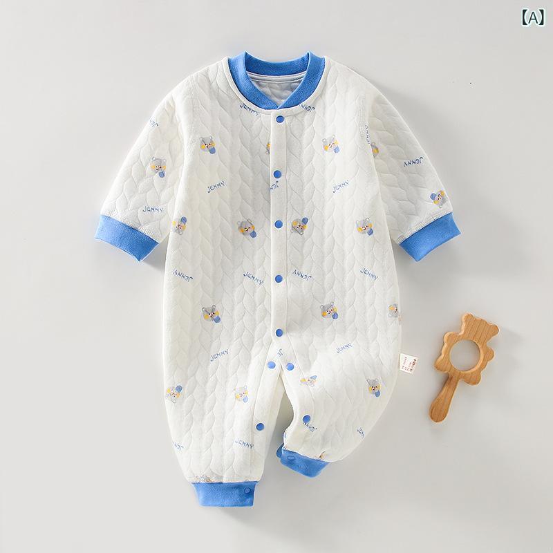 Rakuten - ベビー 長袖 連体服 男女兼用 男の子 女の子 綿 保暖 長爬 爬行服 加厚 3層 薄手 コットン 春秋 秋冬 オールシーズン ベビー服 新生児 トップス ロンパース ユニセックス 暖か 柔らかい 肌触り 長袖 カバーオール ボタン クロールスーツ