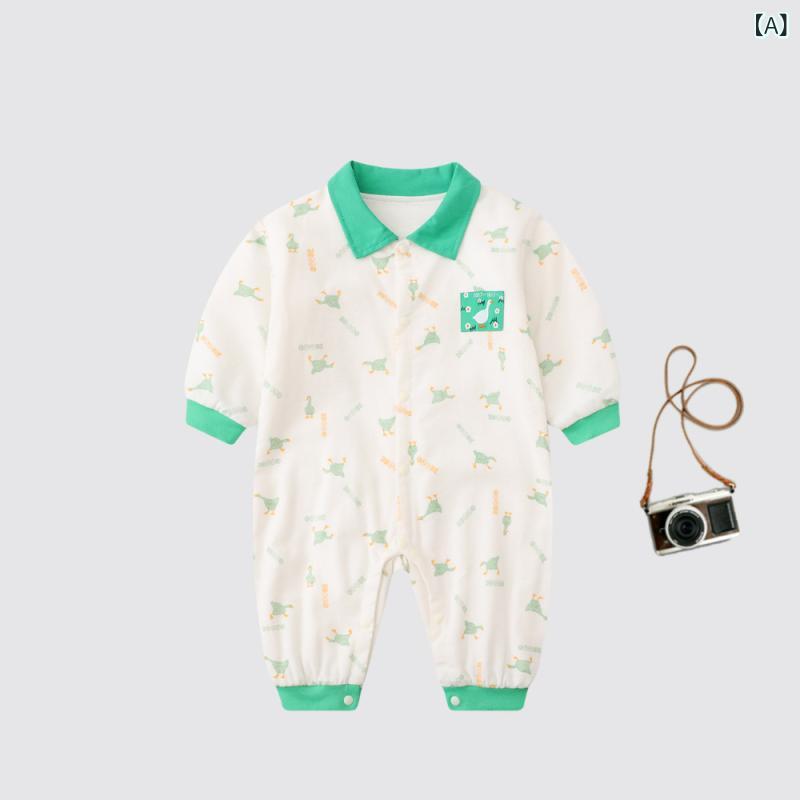 Rakuten - ベビー 連体服 男の子 女の子 長袖 翻領 薄手 綿100 かわいい 卡通 グース柄 春秋 オールシーズン ユニセックス 爬行服 韓国風 レイヤード 首元デザイン 軽量 肌触り良い 日常使い 室内遊び 外出対応