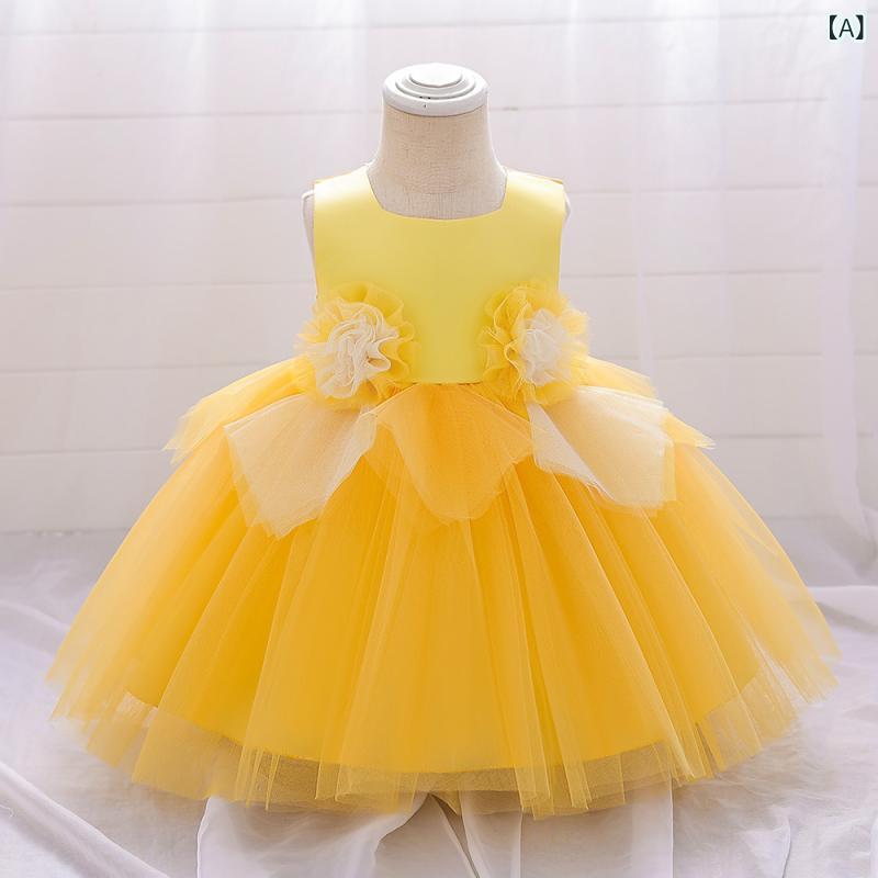 女の子 ワンピース ドレス 礼服 スカート 蓬蓬 女児 網纱 立体 花朵 切り替え コットン混紡 ポリエステル 綿 黄色 紫色 かわいい 甘い プリンセス ヨーロッパ スタイル ファッション 気質 仙女 春夏 秋冬 オールシーズン 酵素洗い 1-3歳 8