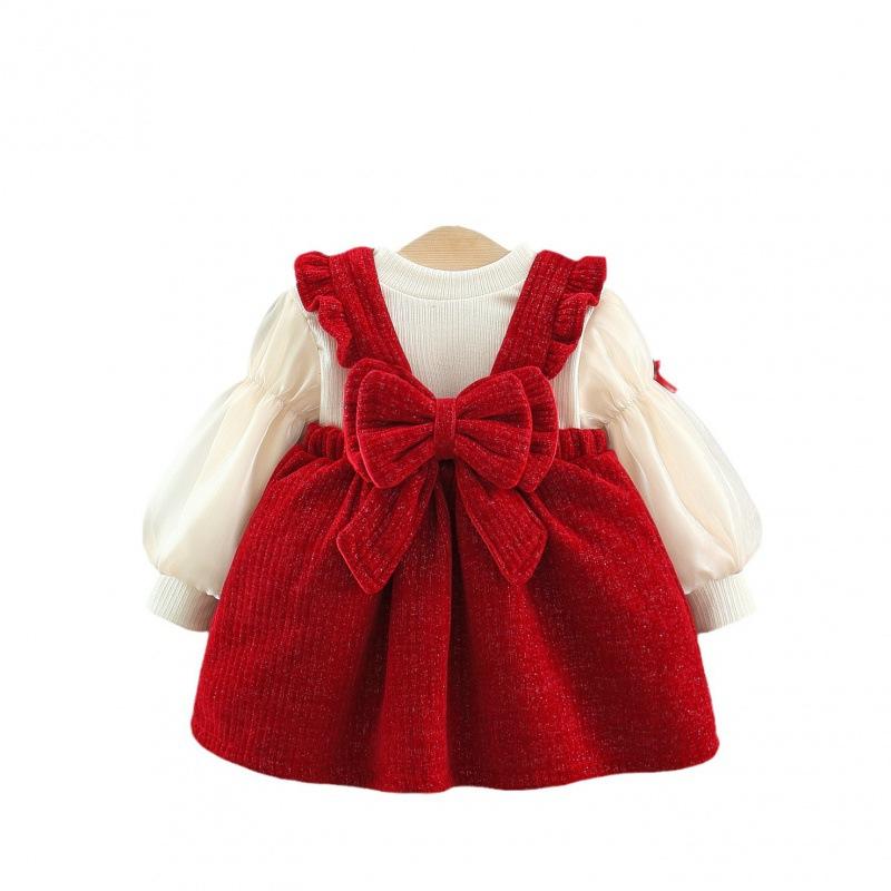 Dresses - 女の子 ワンピース プリンセススカート 背帯スカート 秋冬 長袖 コットン混紡 ふんわりシルエット かわいい 酒紅 暖か ベビー 幼児用 1-3歳 純色 プリーツ加工 蝶結び 裏地付き 日常着 コスプレ 女の子服 女児ドレス 子供服 秋冬コーデ 暖か素材