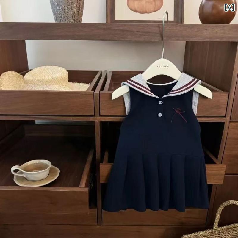 女の子 ワンピース 学院風 夏 背心裙 紺 綿混紡 無袖 純色 プリンセス かわいい ファッション 子供服 女児 3-8歳 軽やか 涼しい 通気性 夏服 日常使い