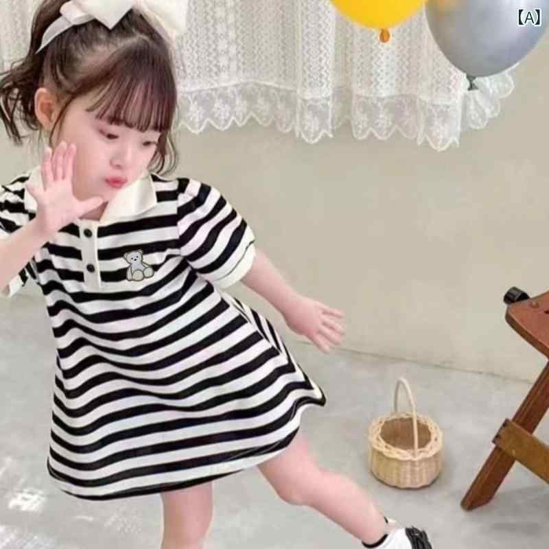 女の子 ワンピース 夏 学院風 条紋 半袖 A字 スカート かわいい プリンセス スカート 綿100 柔らかい 生地 3-8歳 女児 服 プリント 柄 通学 普段使い 軽量 涼しい トップス ドレス ガールズ ファッション ベビー 子供服 ピンク スト