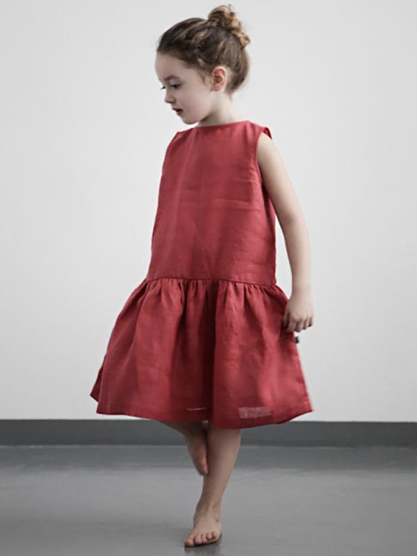 Dresses - 女の子 ワンピース 無袖 綿麻 連衣裙 背心裙 プリンセス スカート A字 スカート 甘め デザイン 純色 柔らか素材 夏 春 100-140cm 赤 黒 灰