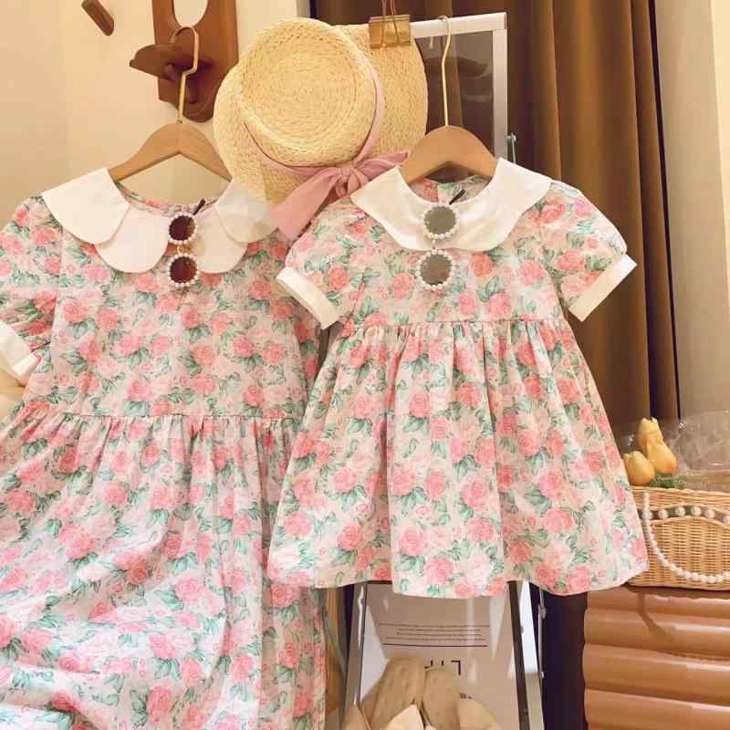 Dresses - 女の子 親子 ワンピース 綿 素材 短袖 A ライン スカート 花柄 プリント 夏 フレンチ スタイル 田園 デザイン 柔らかい 生地 かわいい 姫 風 子供服 3-8 歳 90-140 cm 対応 親子 お揃い コーデ 軽量 通気性 良い ガーリー フ