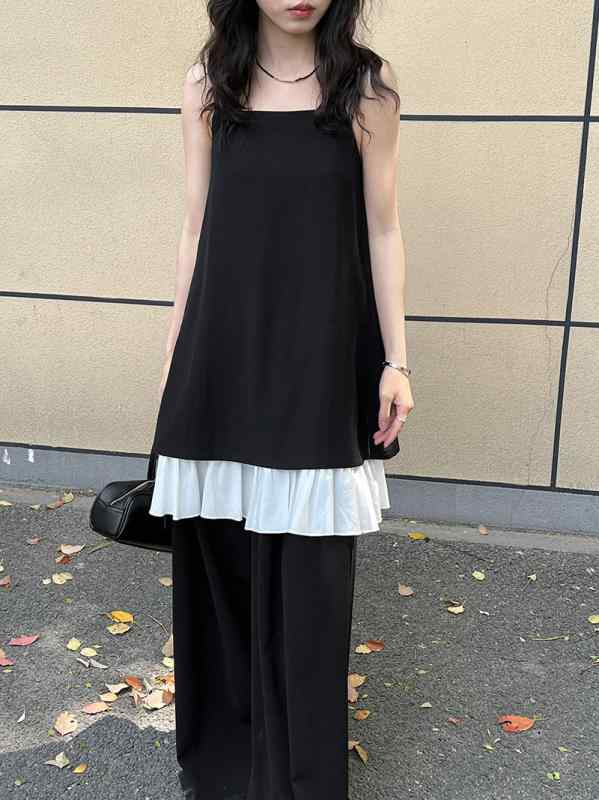 乐天商城 - ワンピース 女性用 無袖 花辺 切り替え 吊り帯 連衣裙 黒 夏 ポリエステル 中長丈 セットネック ミドルウエスト 韓風 シンプル