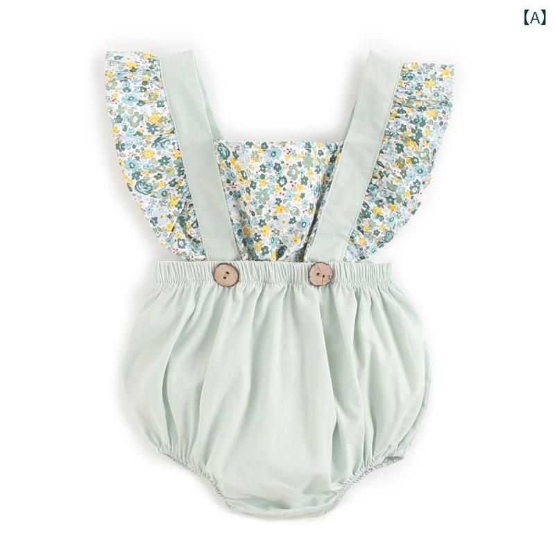 Dresses - ベビー 女の子 連体服 背带 クロールスーツ ピース トップス 綿 素材 緑 黄 赤 花柄 切り替え デザイン 春秋 夏 短袖 安全 肌触り 柔らかい 肌着 インナー 新生児 赤ちゃん 服 普段使い 軽量 通気性