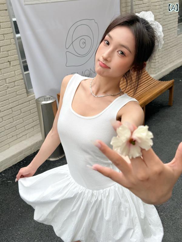 ワンピース レディース 白 Uネック 吊り帯 中長 ミドルウエスト 切り替え 韓国風 甘め 修身 スリム フィット 女性用 トップス スカート 単品 無袖 ミドル丈 腰位置 自然 スタイル 復古 チャイナ 風 軽量 柔らか 素材 PVC 混 30%以下