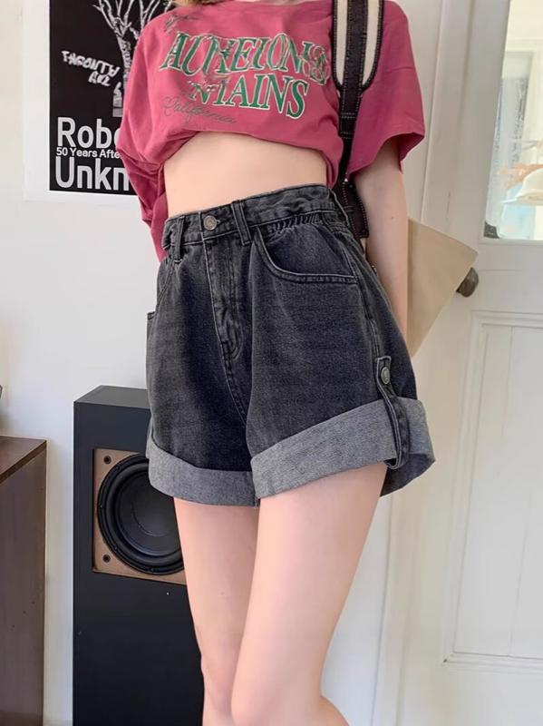 Rakuten - デニム ショートパンツ レディース 夏 春夏 高腰 ワイドレッグ Aライン 直筒 巻き縁 牛仔布 綿 ポリエステル 微弾性 軽量 遮胯 スリム効果 潮流 ストリート カジュアル 普段使い 通勤用 膝上 膝丈 ブルー 黒 かわいい 甘め クール 爽やか シ