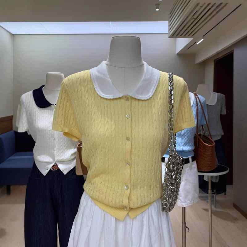 Dresses - 開衫 トップス 娃娃領 短袖 針織 麻花編み 撞色 韓国風 清新 甘め 減齢 スリム 女性用 ゆったり 普通丈 無袖 プリンセス袖 3D 立体柄 黄色 灰色 米色 紺 私服 セレブスタイル 御姐風 ポリエステル 80-90% 春