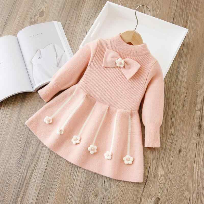 Dresses - 女の子 ワンピース セーター 韓国風 冬 秋冬 加厚 長袖 ニットドレス ピンク 赤 かわいい 花柄 手作り花 花飾り フリル カラーブロック ソフト 混紡 腈纶 甘め スタイル 丸首 プルオーバー 3-8歳 90-130cm 冬服 暖か 厚手 普通毛糸