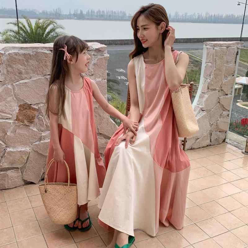 女の子 ワンピース 親子装 女の子 母娘 無袖 長スカート ピンカラー 綿素材 柔らか 春秋 100cm 110cm 120cm 130cm 140cm 成人S 成人M