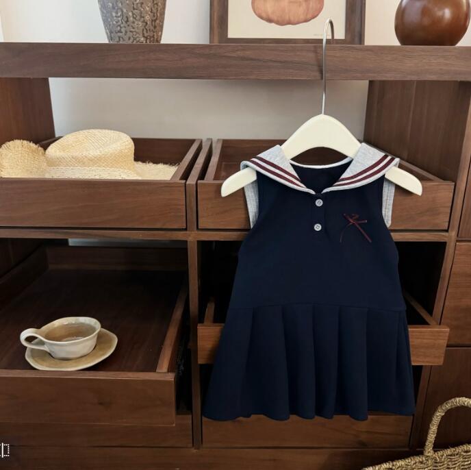 Other - 女の子 ワンピース 背心スカート 学院風 綿 条紋 撞色 大襟 A字 無袖 ピンク系 ネイビー 柔軟素材 春夏 秋 かわいい 洋気 ファッション 普段使い 女の子服 小学生向け 通気性 軽量