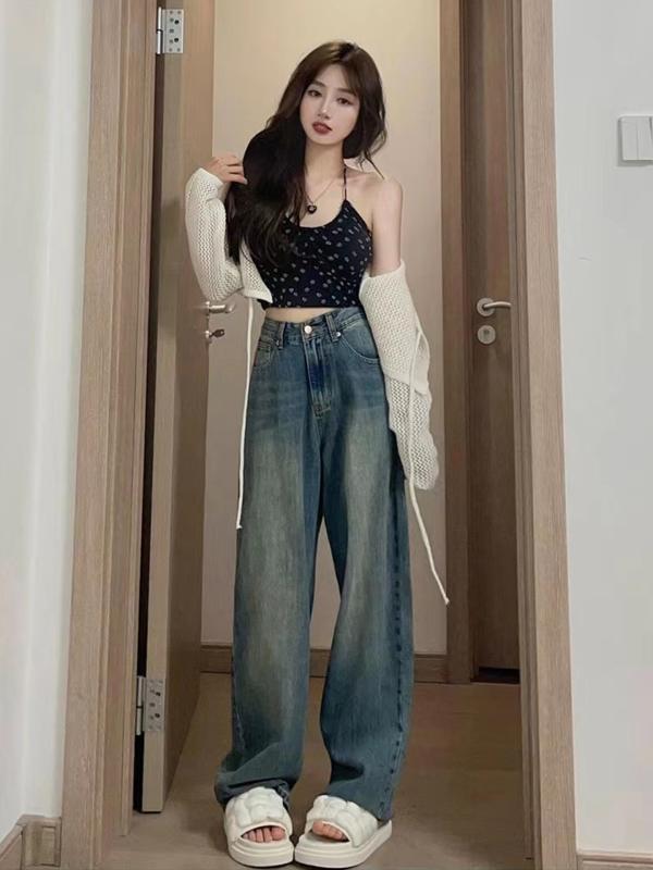 樂天商城 - 牛仔パンツ レディース 秋季 復古水洗 デニム コットン 高腰 ワイドレッグ ストレート ロングパンツ ゆったり スリム 膝下丈 ボタン 街頭 カジュアル スタイル ノンストレッチ