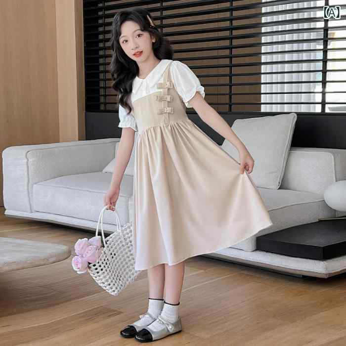 女の子 ワンピース 韓国風 ファッション 偽ツーピース 連衣裙 中大童 夏 夏服 新作 洋気 切り替え デザイン スタンドカラー パフスリーブ Aライン スカート 短袖 ワンピースドレス ポリエステル 素材 ピュアカラー ブルー 杏色 夏用 子供服 女児