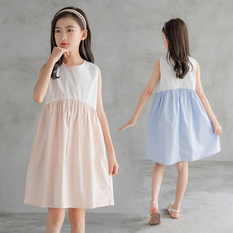 Dresses - 女の子 ワンピース 親子 切り替え 無袖 連衣裙 夏 韓版 綿 柔軟 ピンク 浅ブルー A字スカート 洋気 かわいい 女児 大きめサイズ 110cm 120cm 130cm 140cm 150cm 160cm 170cm 日常 親子お揃い 通気性 軽量