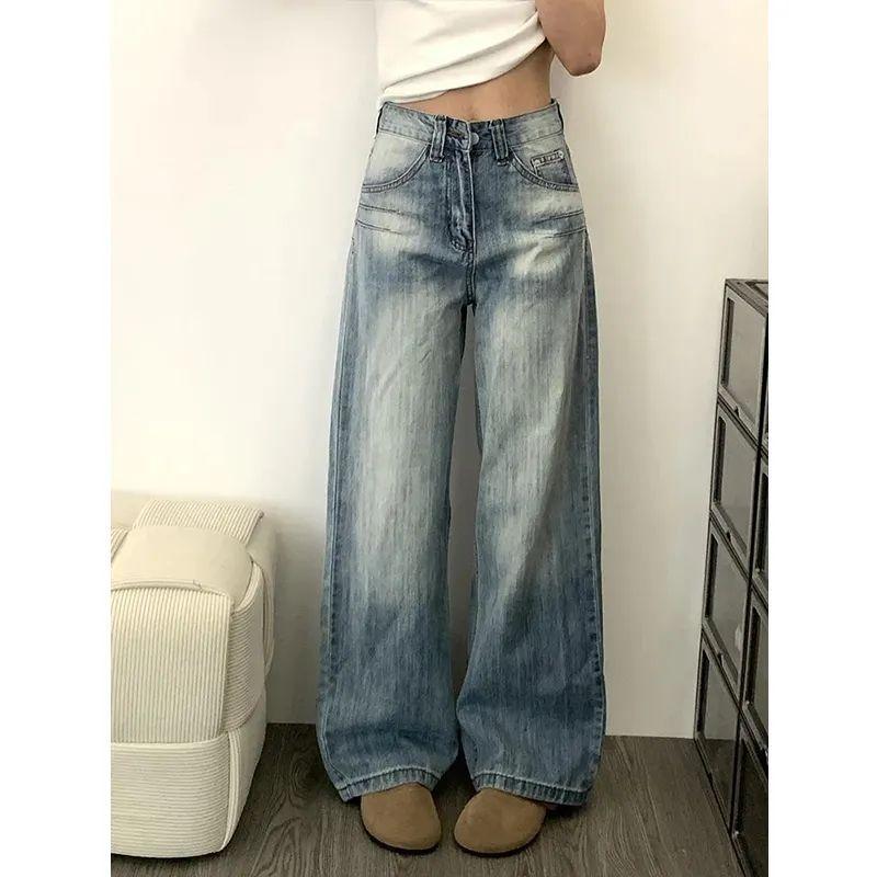 乐天商城 - ワイドパンツ デニムパンツ 女性用 春夏 ブルー ハイウエスト ストレート ロング丈 中厚 綿素材 微弾性 ボタン 気質 通勤 スタイル ゆったり スリム デニム 洗い加工 復古 スタイル カジュアル 普段使い