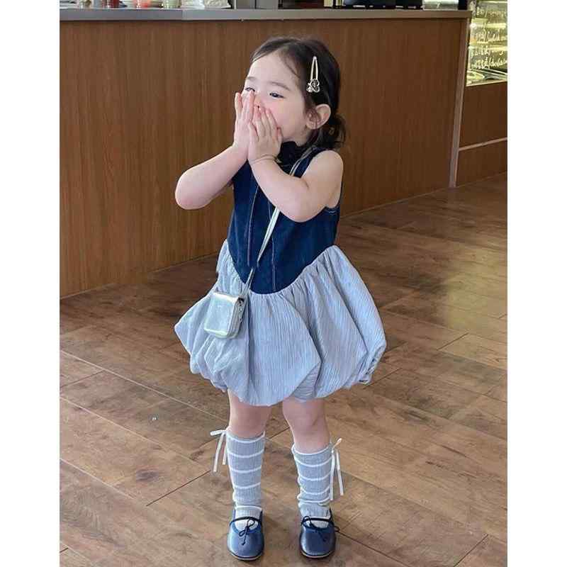 乐天商城 - 女の子 ワンピース 無袖 吊り帯 スカート 綿 素材 柔らかい 春夏 夏用 かわいい 小香風 デザイン 切り替え スカート プリンセス ライン 純色 カプリブルー 女の子 3-8歳 子供服 花柄 モチーフ 軽やか 素材 コットン 70パーセント ベビー