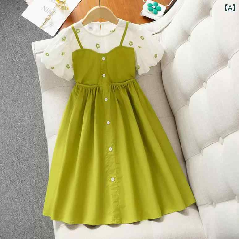 Dresses - 女の子 ワンピース 夏 春夏 子供 泡泡袖 短袖 偽ツーピース 背帯スカート 韓国風 学院風 紺 緑 オレンジ 黒 ピュアカラー ポリエステル 切り替え ピンストライプ 軽量 通気性 普段使い 学校行事 女の子服