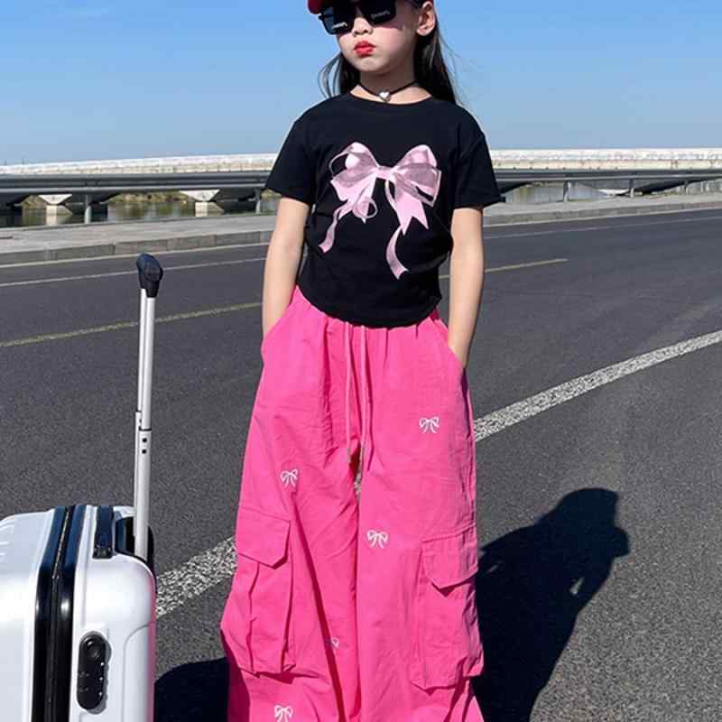 Long-Trousers, Trousers - 女の子 長ズボン 夏 女童 復古 かわいい 蝶結び 刺繍 ゆったり ロングパンツ ワイドパンツ 高腰 ドレープ ストレート コットン 柔らかい 生地 純色 韓国風 スタイル 工装パンツ スポーツ トレンド 元素 ピンク 黒 ジャズダンス 女の子 120c