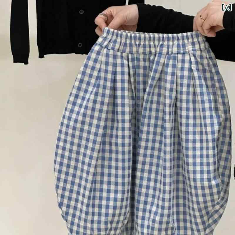 Long-Trousers, Trousers - キッズ ズボン 男の子 女の子 灯笼パンツ 格子柄 防蚊 綿素材 腈纶 七分丈 春夏 ライトブルー かわいい ファッション 80cm 90cm 100cm 110cm 120cm 1-3歳 インファント 幼児 日常使い 軽量 伸縮性 通気性
