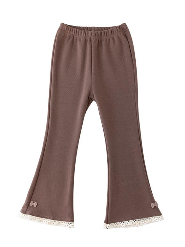 Long-Trousers, Trousers - 女の子 ズボン 喇叭パンツ 厚手コットン 韓国風 レジャー 立体微喇 秋冬 女の子 長ズボン 綿素材 柔らか 純色 花辺 蝶結び 英倫 プリンセス トレンド ヨーロッパ風 中腰 ゴムウエスト コーヒー 深ピンク 深グレー 黒 3〜8歳 中小童 100〜1
