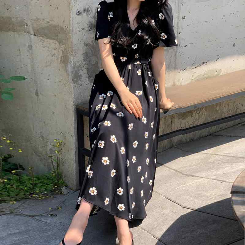 乐天商城 - ワンピース レディース Vネック 花柄 ロングドレス 黒 Aライン ハイウエスト 短袖 雪纺素材 ポリエステル混 韓国風 気質 エレガント 日韓カジュアル 夏 2025 セットアップ 裏起毛 ヴィンテージ かわいい 軽量 薄手 女性用 通勤 デート 普段