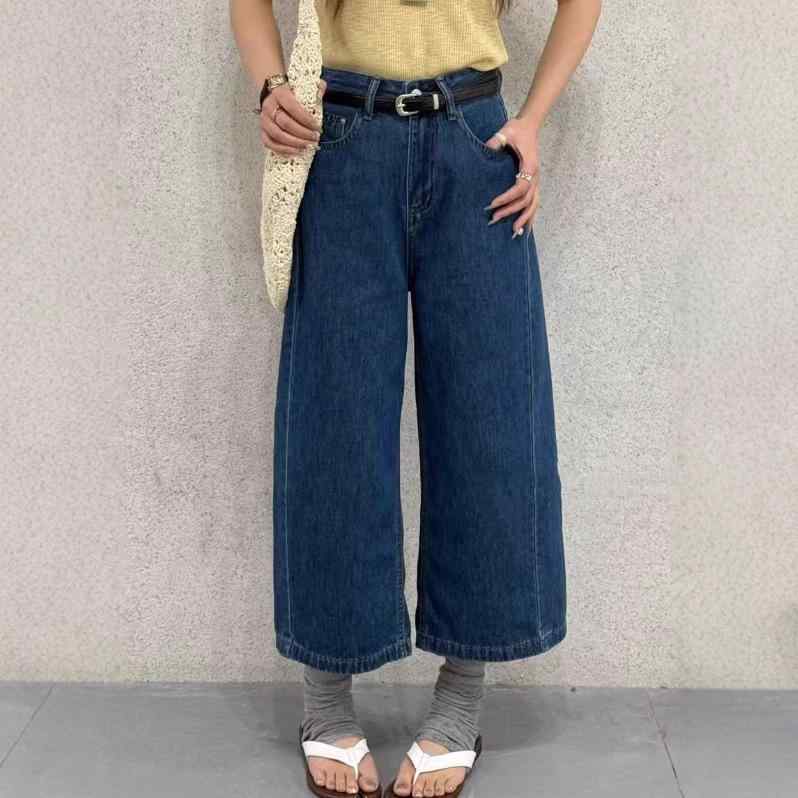 樂天商城 - レディース デニムパンツ ワイドレッグ 高腰 スリムライン 夏用 通勤 カジュアル スタイル コットン ポリエステル ミックス ミディアム厚 ストレート 九分丈 ポケット ディープブルー ミルクホワイト 気質 エレガント ノーストレッチ 洗い加工