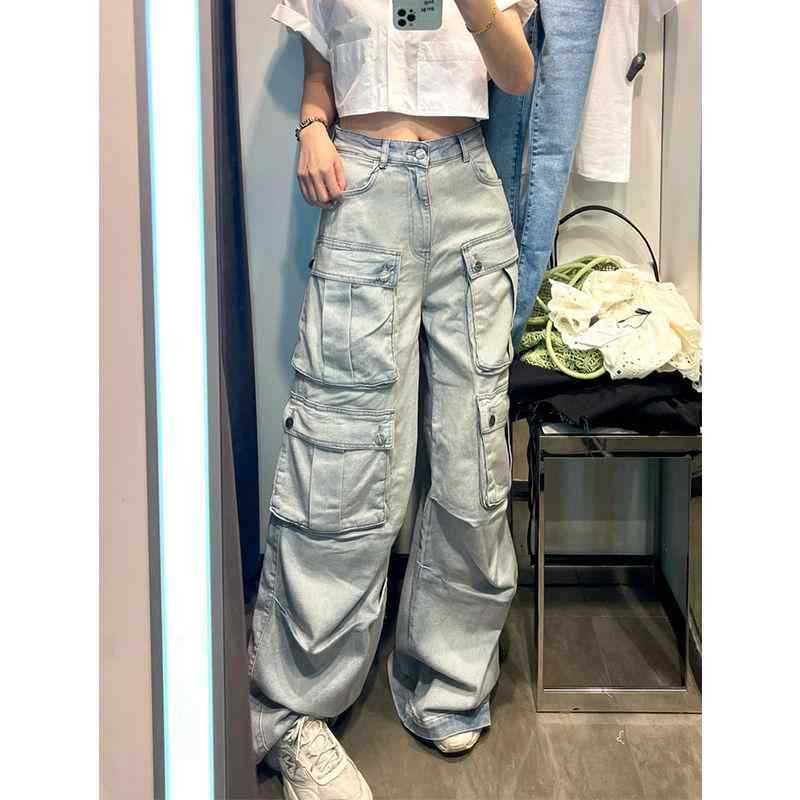 Capri Pants - 牛仔パンツ レディース 冬 工装 韓国風 高街 水洗 高腰 スリム ストリート ワイドレッグ コットン 中厚 ポケット ロングパンツ ゴス ルーズフィット ライトブルー