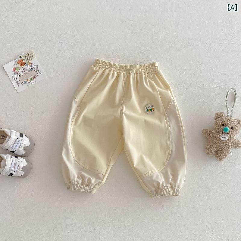 キッズ ズボン 男の子 女の子 夏季 防蚊 貼り付けラベル 付き ナイロン 素材 切り替え デザイン 薄手 長ズボン ミッドライズ ゴムウエスト ユニセックス 3-8歳 100-140cm 純色 トレンド スタイル クリームイエロー スカイブルー グレー