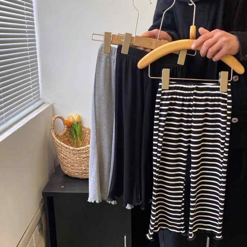Long-Trousers, Trousers - 女の子 ズボン 春夏 コットン 長ズボン コットン90% 3-8歳 100-140cm 休闲 灰 黒 条纹 純色 柔らか 皮ゴム腰 中腰 運動 かわいい トレンド 木耳縁 喇叭 潮 洋気 個性 韓版 安全B類 長ズボン 女児 子供服 日常着 伸縮 軽量