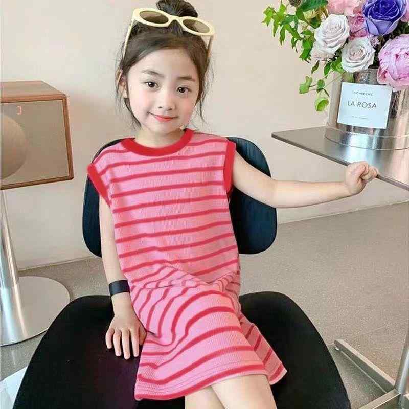 Dresses - 女の子 ワンピース 夏 ピンク 黒 綿 素材 柔らかい 無袖 Aライン スカート ストライプ柄 かわいい 3-8歳 中小童 背心型 洋気 個性 潮 韓流 プリンセス ファッション 子ども ドレス 夏服 ピンク系 黒系 コットン ソフト タンクトップ フレ