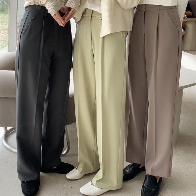 乐天商城 - レディース ワイドパンツ ハイウエスト ストレートパンツ ロング丈 ゆったり シルエット 薄手 シンプル デザイン 秋冬 通勤 スタイル 快適 デイリー 使い ポリエステル 素材 黒 ピンク 緑 無弾性 切り替え ディテール