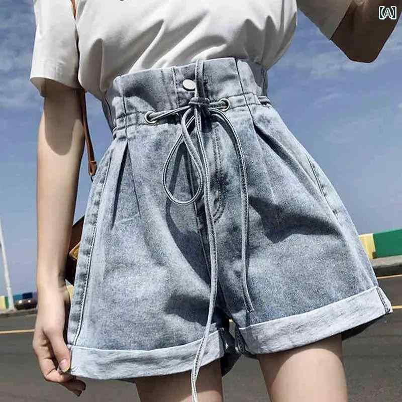 Cropped Pants - 牛仔 デニム ハーフパンツ レディース 学生服 春夏 韓国風 高腰 系紐 ワイドレッグ ショートパンツ 微弾性 薄手 ボタン フリンジ ソリッドカラー ブルー 黒 グレー デイリー カジュアル スタイル 快適 履き心地 軽量 伸縮 普段使い 通学 コーデ