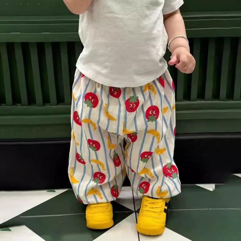 Long-Trousers, Trousers - 子供用 男の子 女の子 夏用 綿 長ズボン かわいい カード 柄 束脚 防蚊 薄手 柔らかい 素材 ハイウエスト 面ファスナー ロゴ 白 犬 柄 赤青 柄 3-8歳 80-130cm