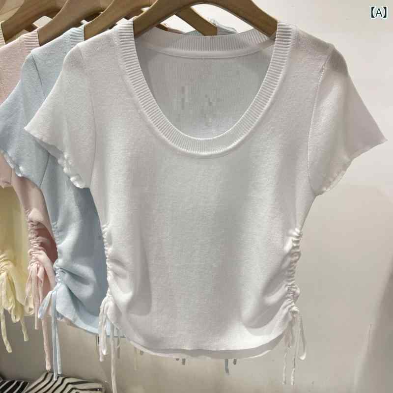 Tシャツ レディース 短袖 修身 褶 抽绳 接触冷感 ニット 短丈 小柄対応 薄手 上衣 気質 通勤 快適 休闲 白色 粉色 杏色 ポリエステル ポリエステル繊維 セット ヘッド 丸首 夏 2024
