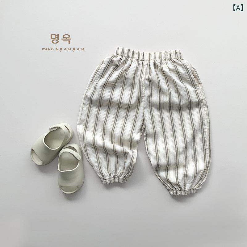 乐天商城 - キッズ 長ズボン 男の子 女の子 格子柄 条紋柄 防蚊 薄手 コットン100% 柔軟素材 ミッドライズ 春夏 休闲 百搭 潮風 杏 黒白 杏咖 日常着 アウトドア 軽量 通気性 伸縮性